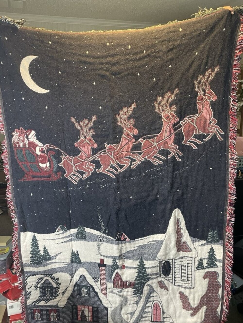 Vintage Santa Reindeer Double Weave Jacquard Tapestry Blanket Throw 46” X 64”
